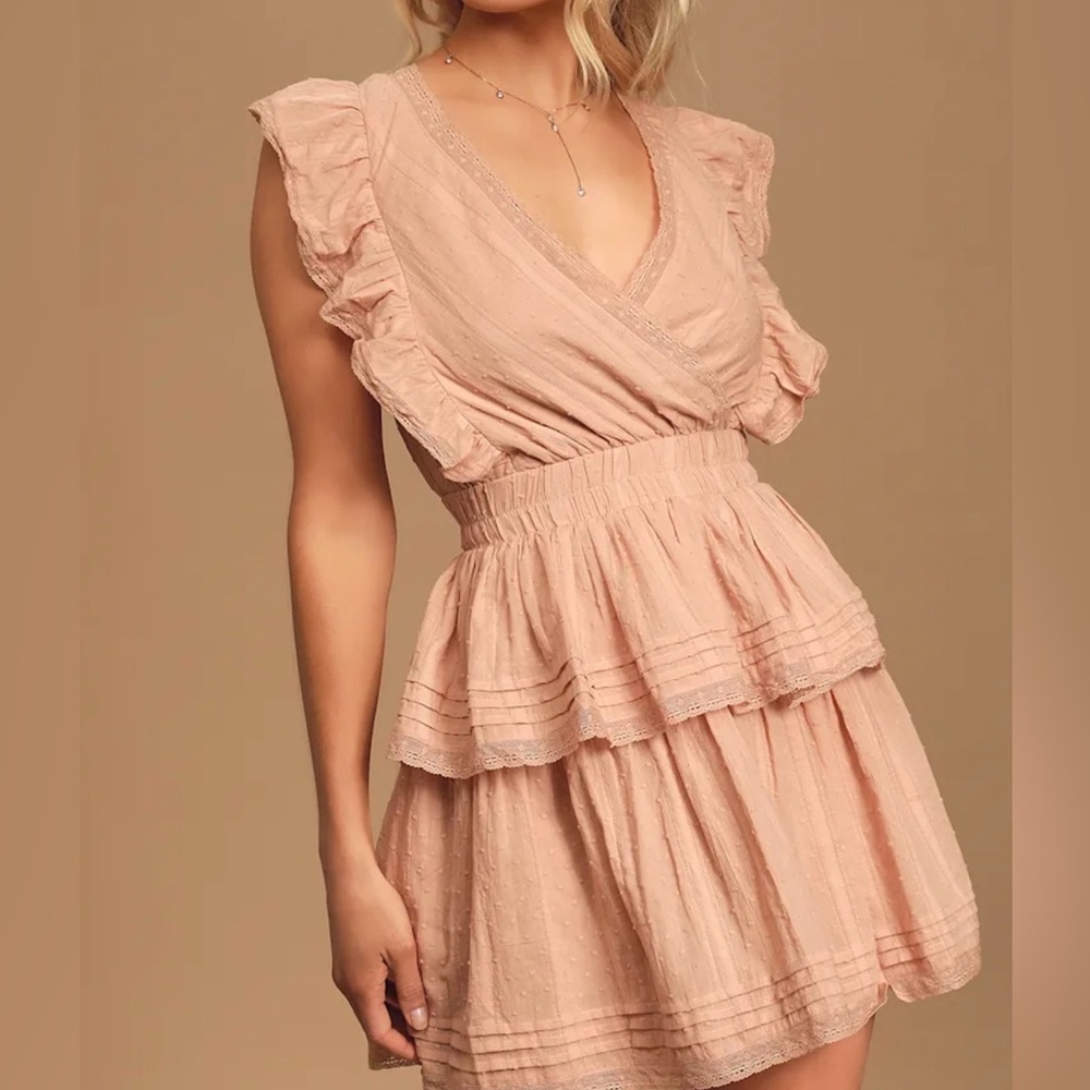 Lulu’s Whisper Sweet Nothings Light Pink Lace Tiered Ruffled Mini Dress